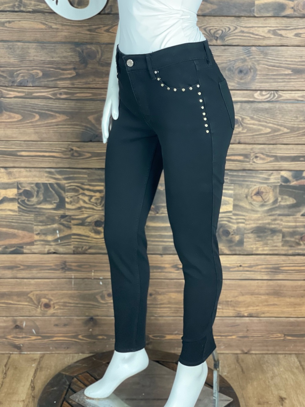 WHBM | The Sculpt Skinny Ankle Black Stretch Denim Pants Gold Studded High Rise